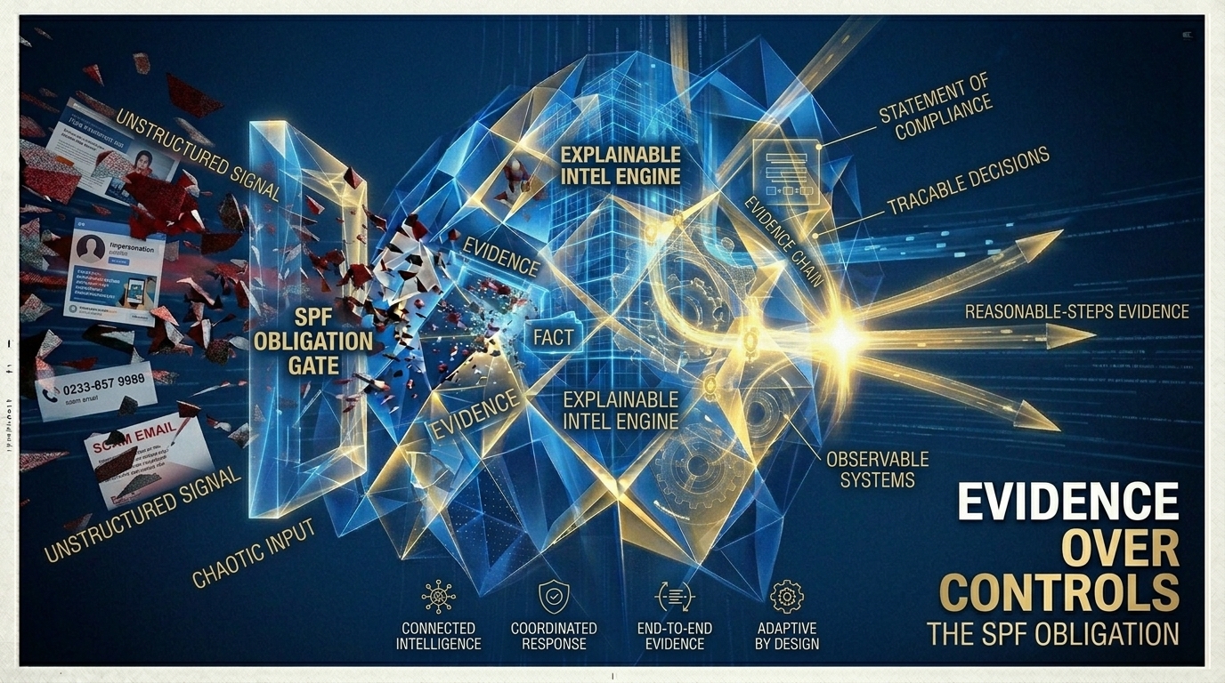 Evidence chain diagram showing a scam signal progressing through evidence, assessment, decision, action and outcome with an audit trail running beneath every stage.