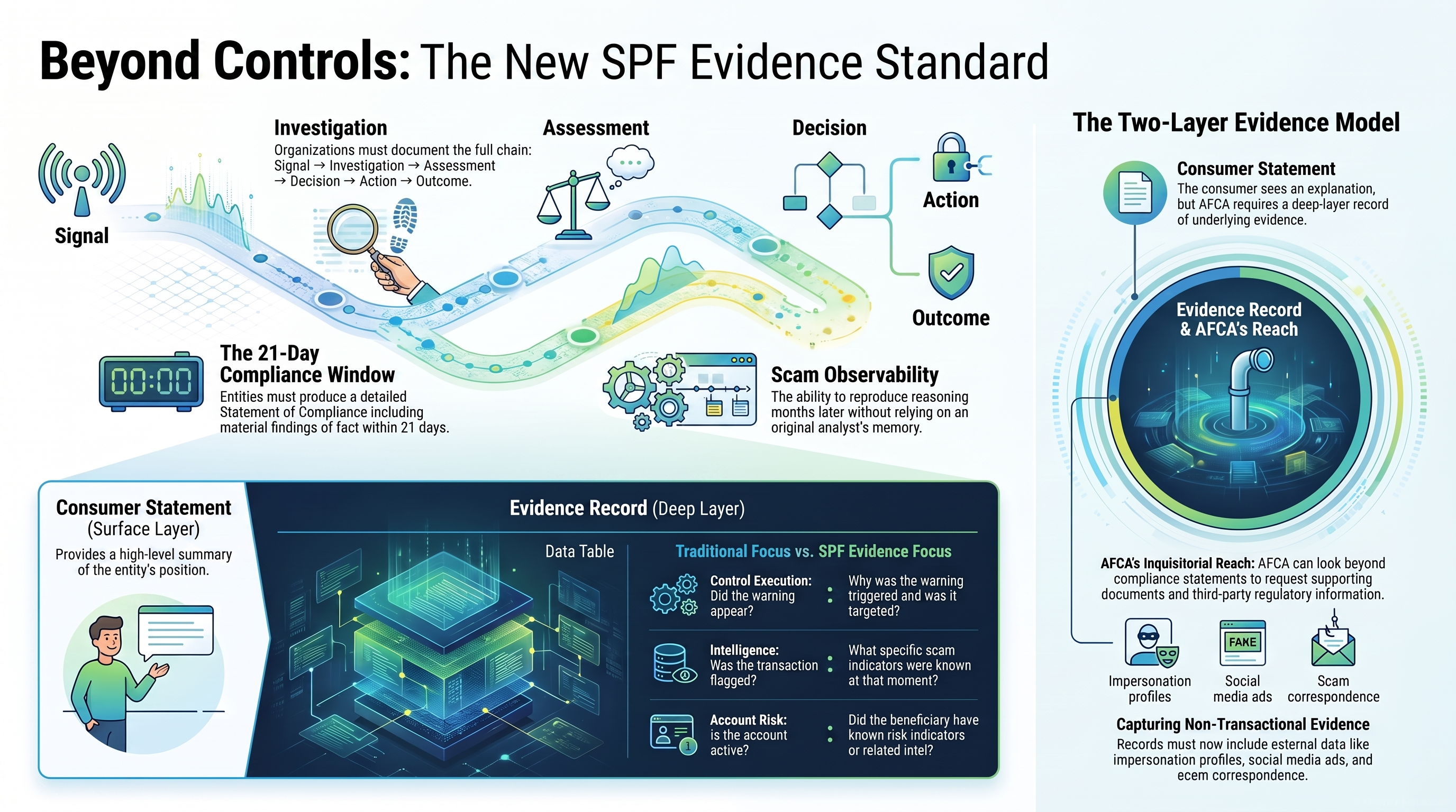 Evidence chain diagram showing a scam signal progressing through evidence, assessment, decision, action and outcome with an audit trail running beneath every stage.