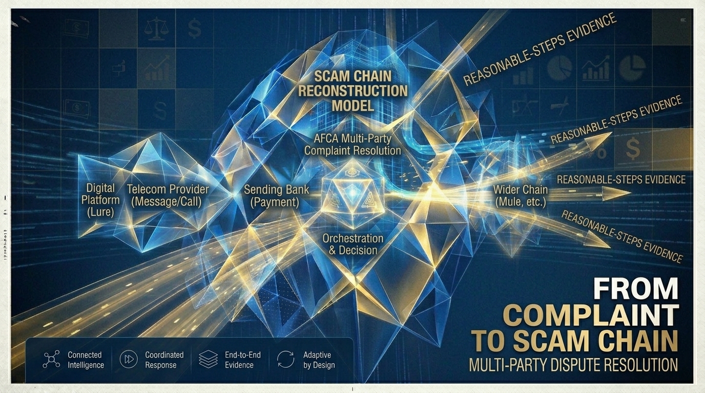 Diagram showing a consumer scam journey across a digital platform, telecommunications provider, sending bank, receiving bank and AFCA, connected by a shared evidence trail.
