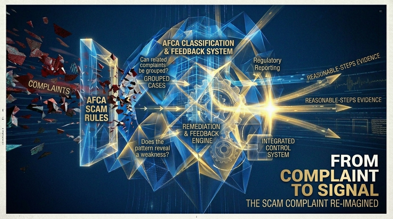 Diagram showing how one scam complaint can connect to related complaints, reveal a pattern, become a systemic issue and lead to remediation.