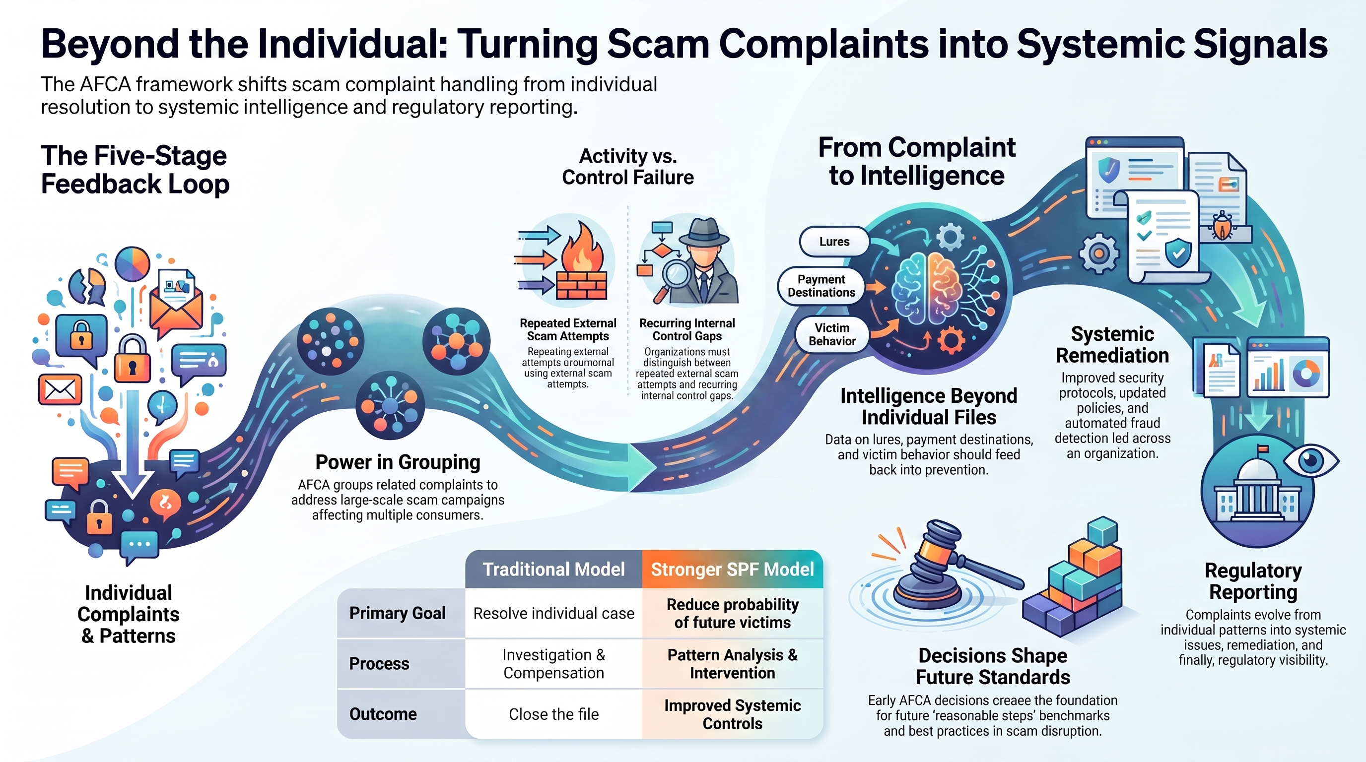 Diagram showing how one scam complaint can connect to related complaints, reveal a pattern, become a systemic issue and lead to remediation.