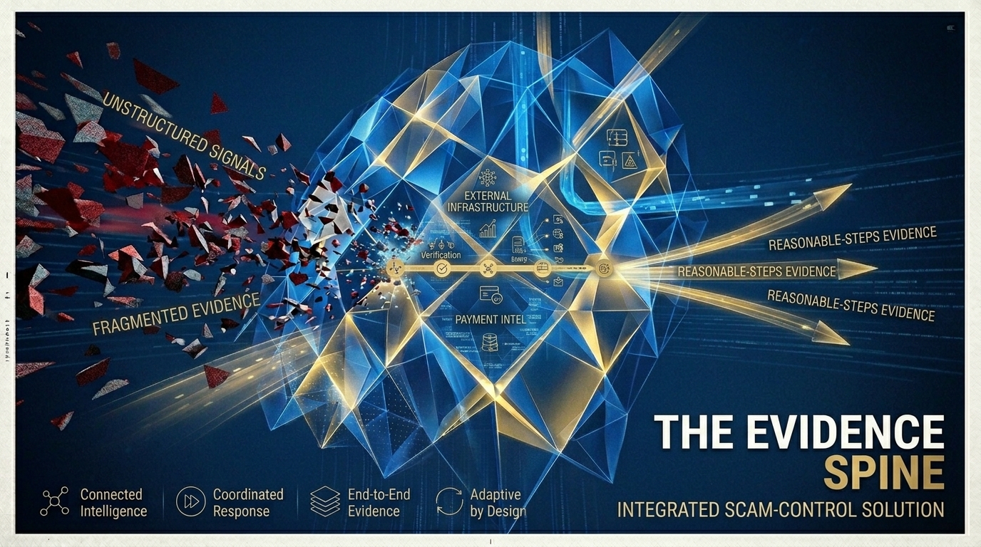 Banking architecture infographic showing an outside-in SPF scam intelligence, active disruption, payment intelligence and evidence layer integrated with existing fraud, AML, payment and case-management controls.