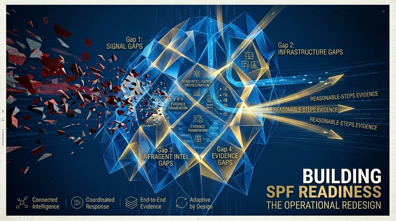 Infographic showing four SPF scam-control gaps for Australian banks: scam signal intake, external infrastructure and active disruption, payment intelligence and evidence continuity.