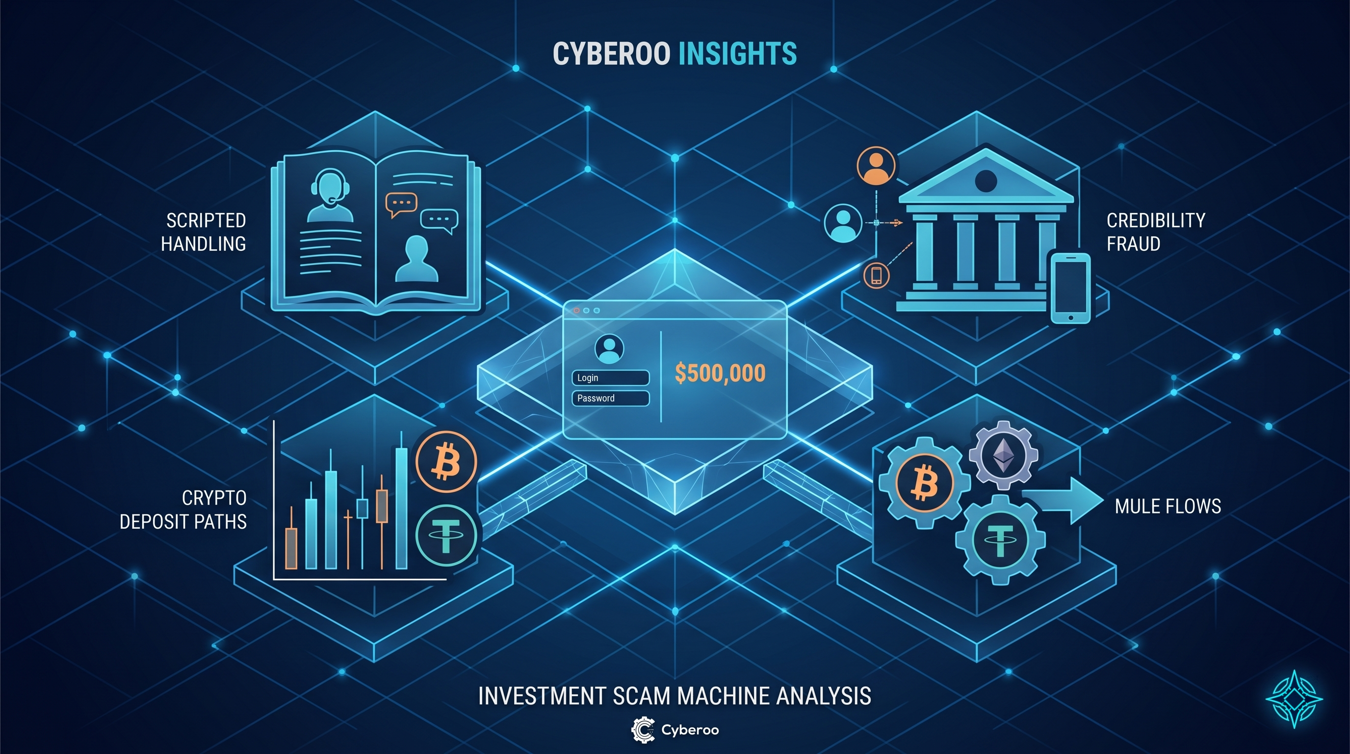 Diagram showing investment scam infrastructure combining fake trading portals, financial service fronts, crypto payment rails and scammer scripts.
