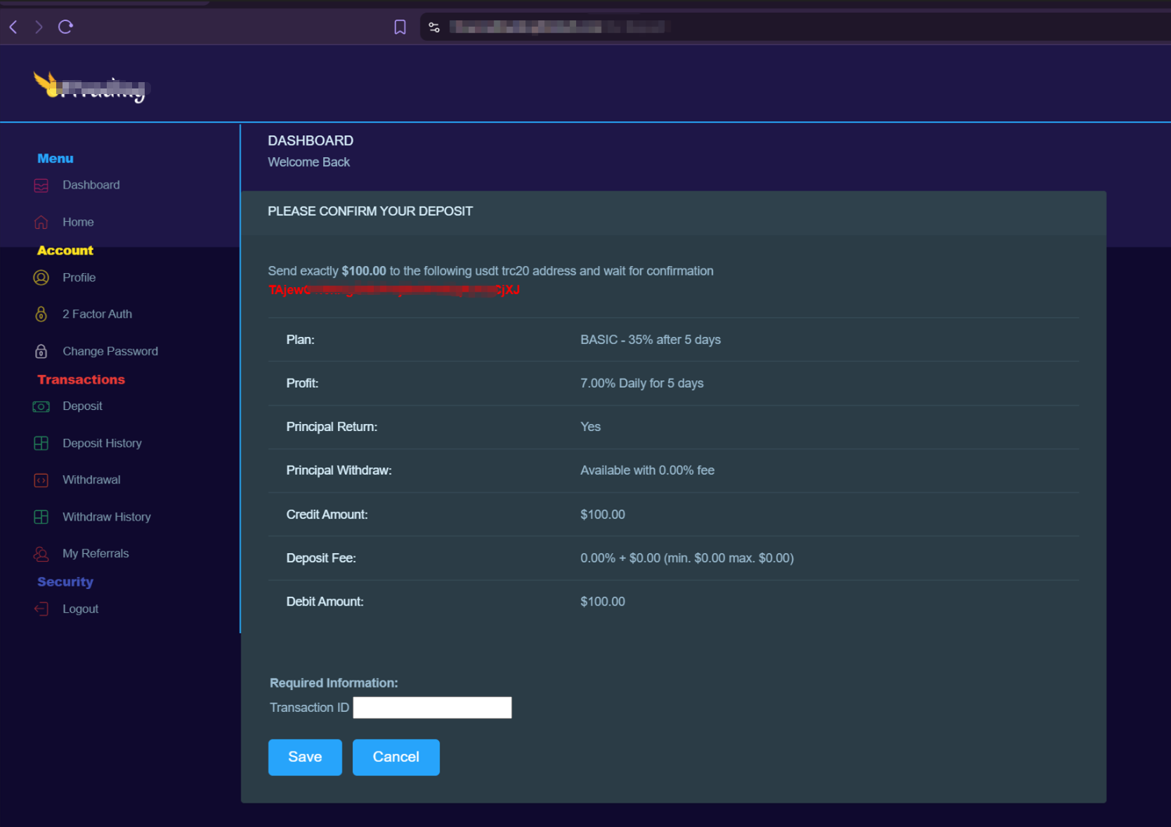 Redacted example of a suspected fake trading platform interface showing dashboard and deposit-related functions.