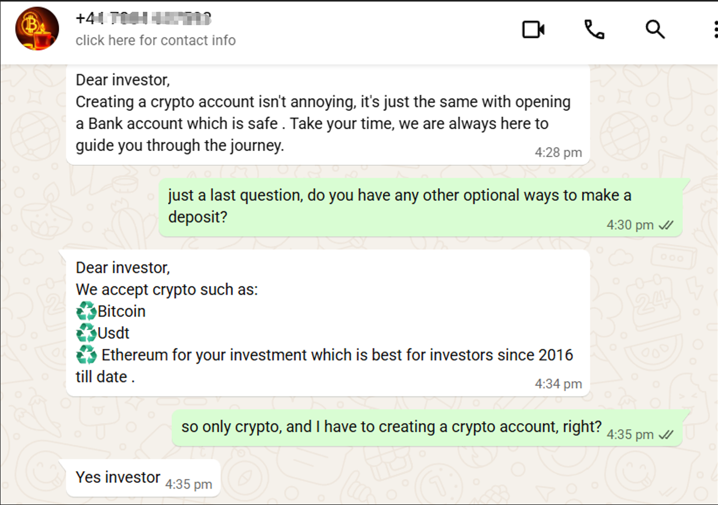 Redacted scammer interaction showing how cryptocurrency deposits are normalised and presented as routine.