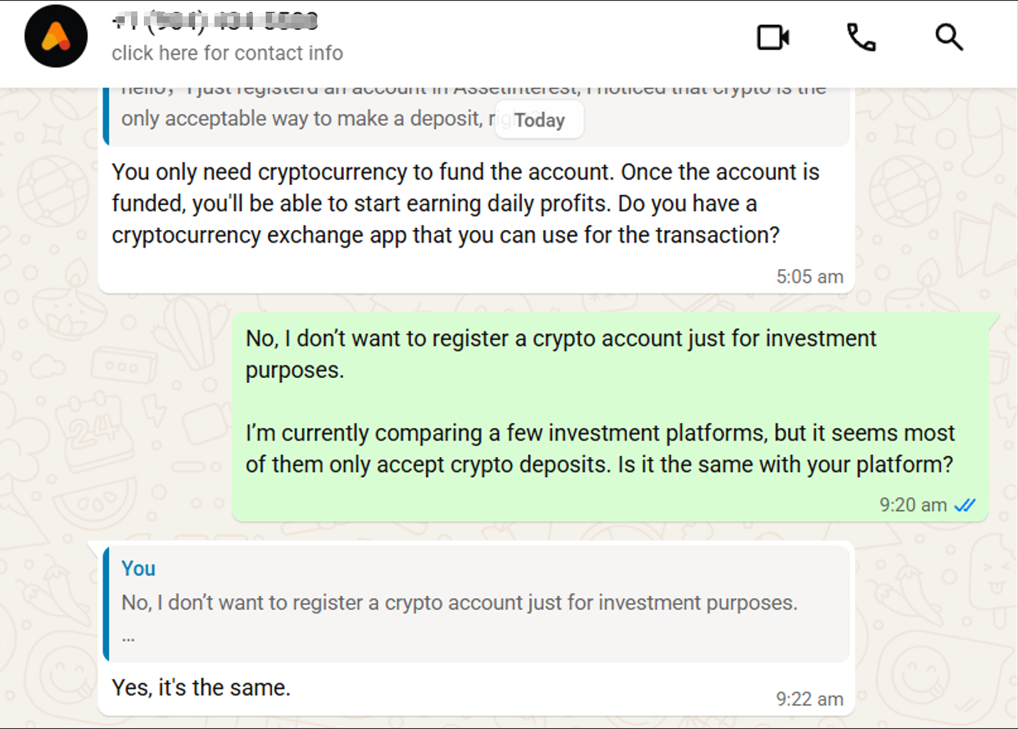 Redacted follow-up interaction showing continued steering toward cryptocurrency funding.