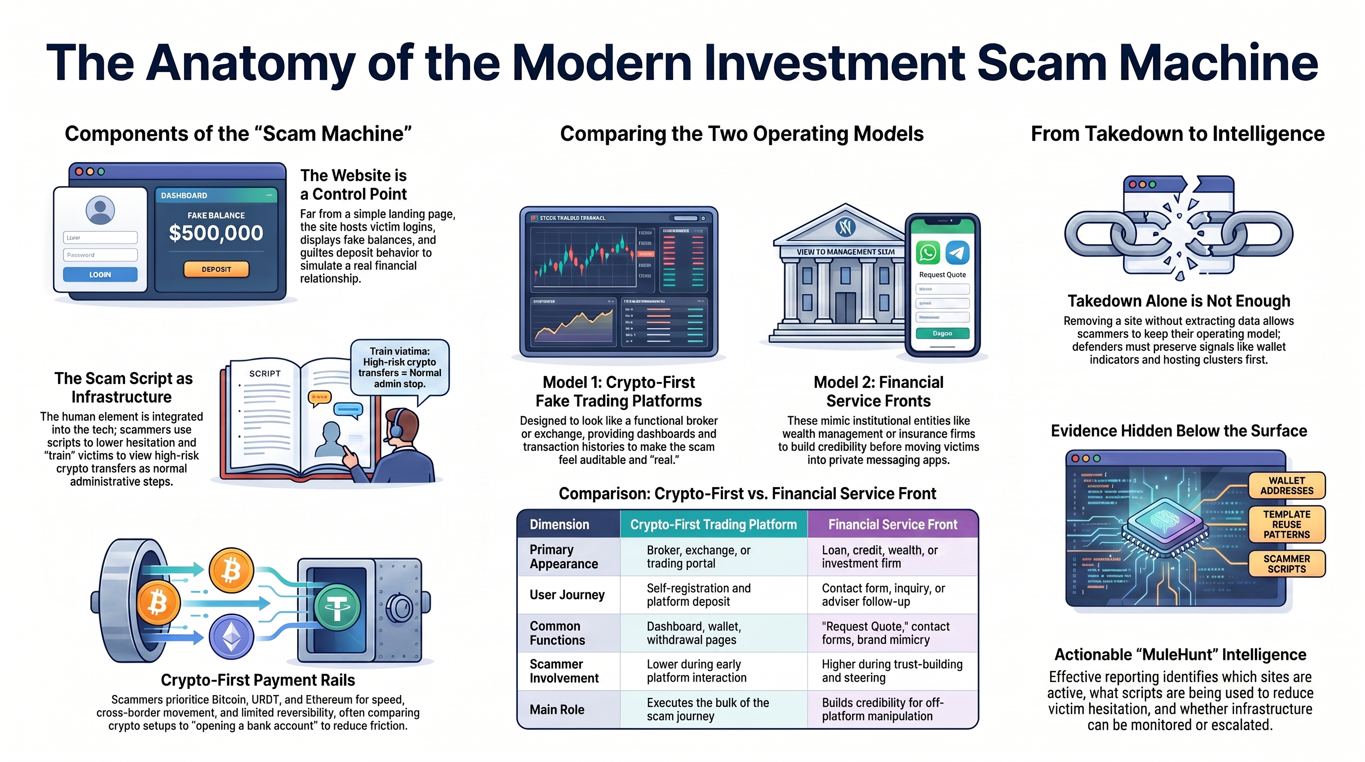 Diagram showing investment scam infrastructure combining fake trading portals, financial service fronts, crypto payment rails and scammer scripts.