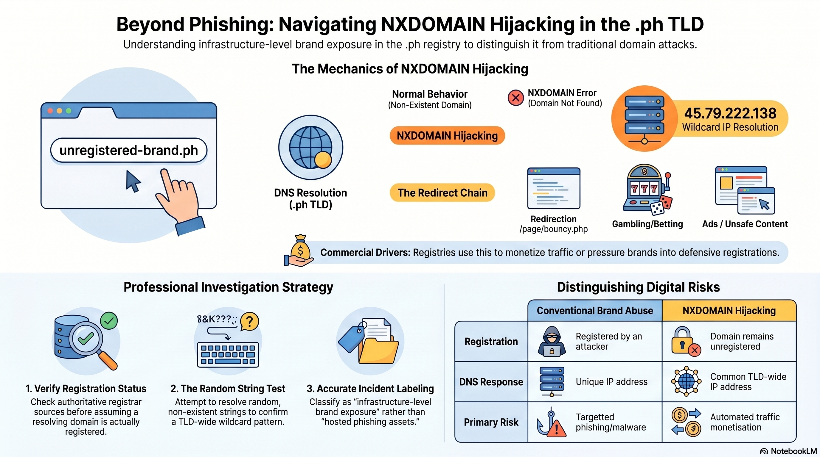 NXDOMAIN hijacking in .ph domains — when unregistered domains become a brand risk through TLD-level wildcard DNS and redirect chains.
