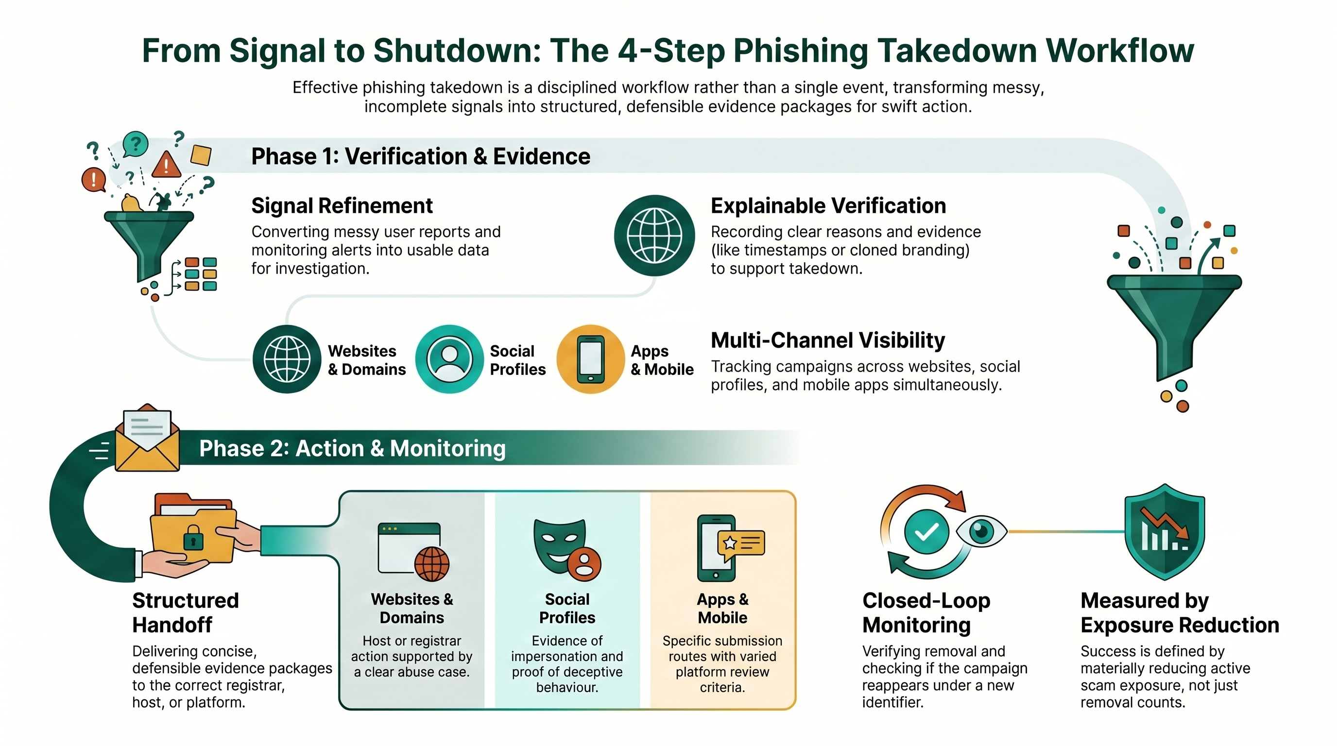 A step-by-step workflow diagram outlining the standard phishing takedown process, from initial threat detection and evidence gathering to the final disruption and removal of malicious domains