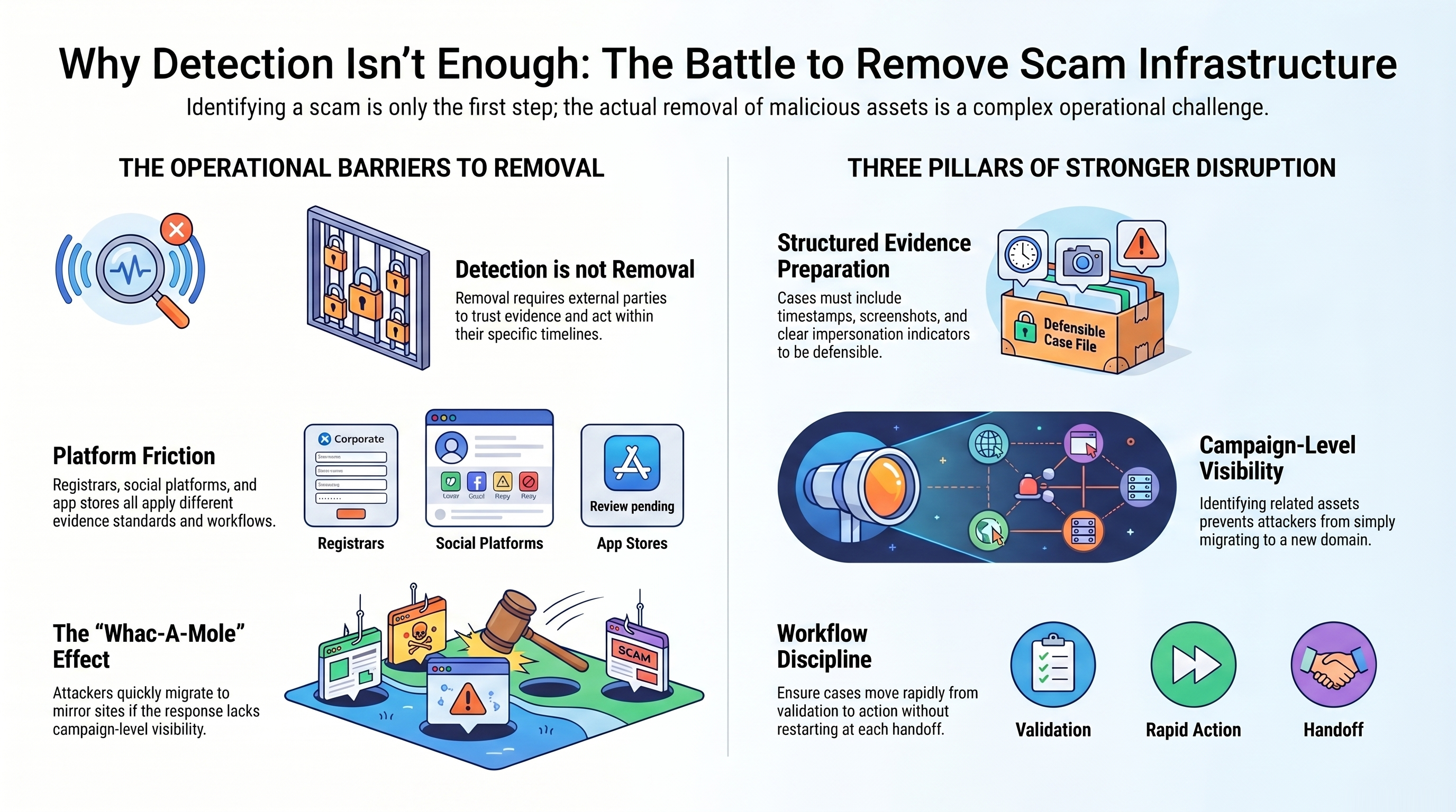 An analytical chart highlighting the core challenges in removing complex multi-channel scam infrastructure and social impersonation networks that demand coordinated action