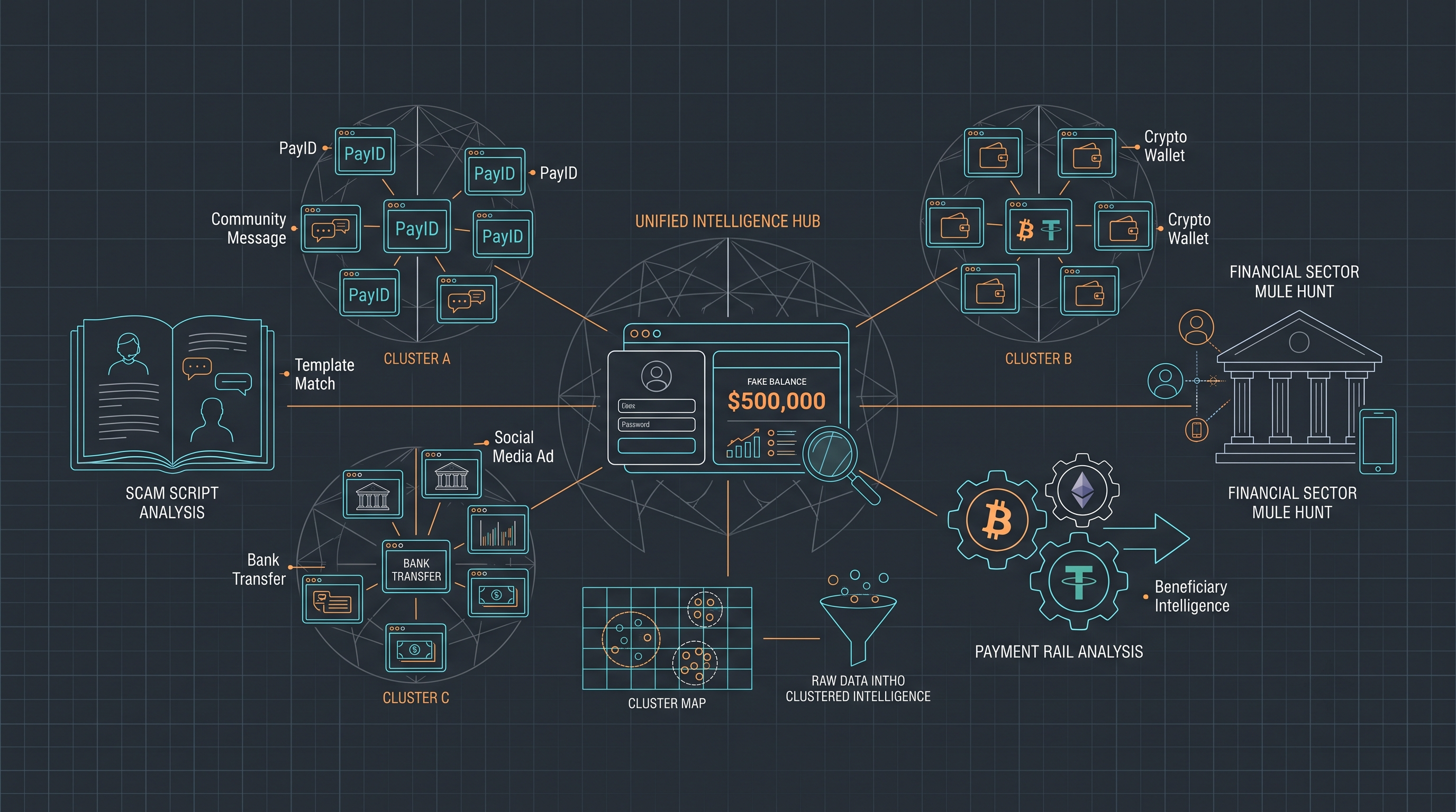 Conceptual graphic showing scambling as a network connecting multiple gambling-style websites, deposit flows, payment methods, references, crypto channels and bank action.