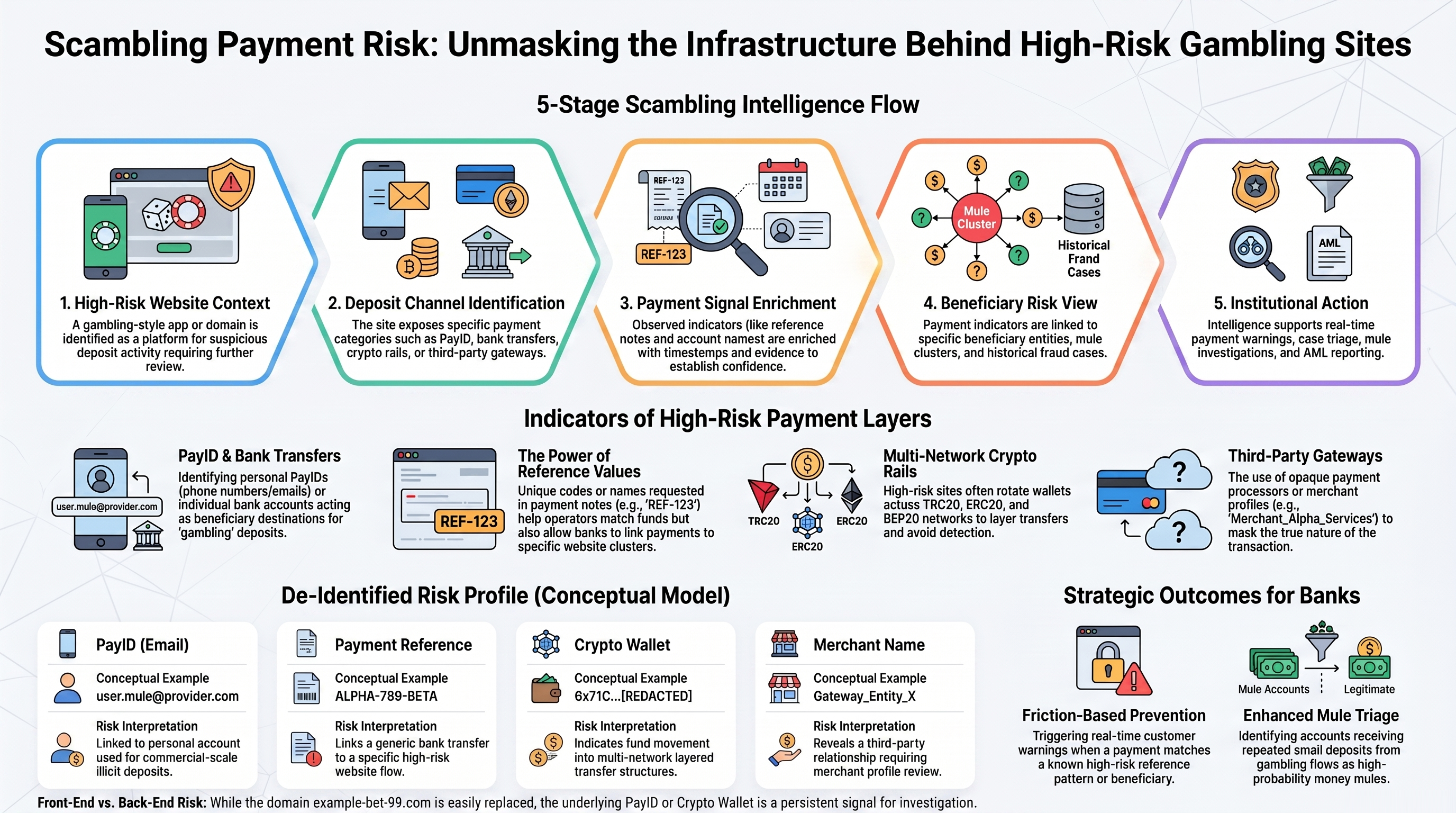 Conceptual diagram showing how high-risk gambling-style websites expose payment signals — Website to Deposit Channels to Payment Indicators to Bank Actions.