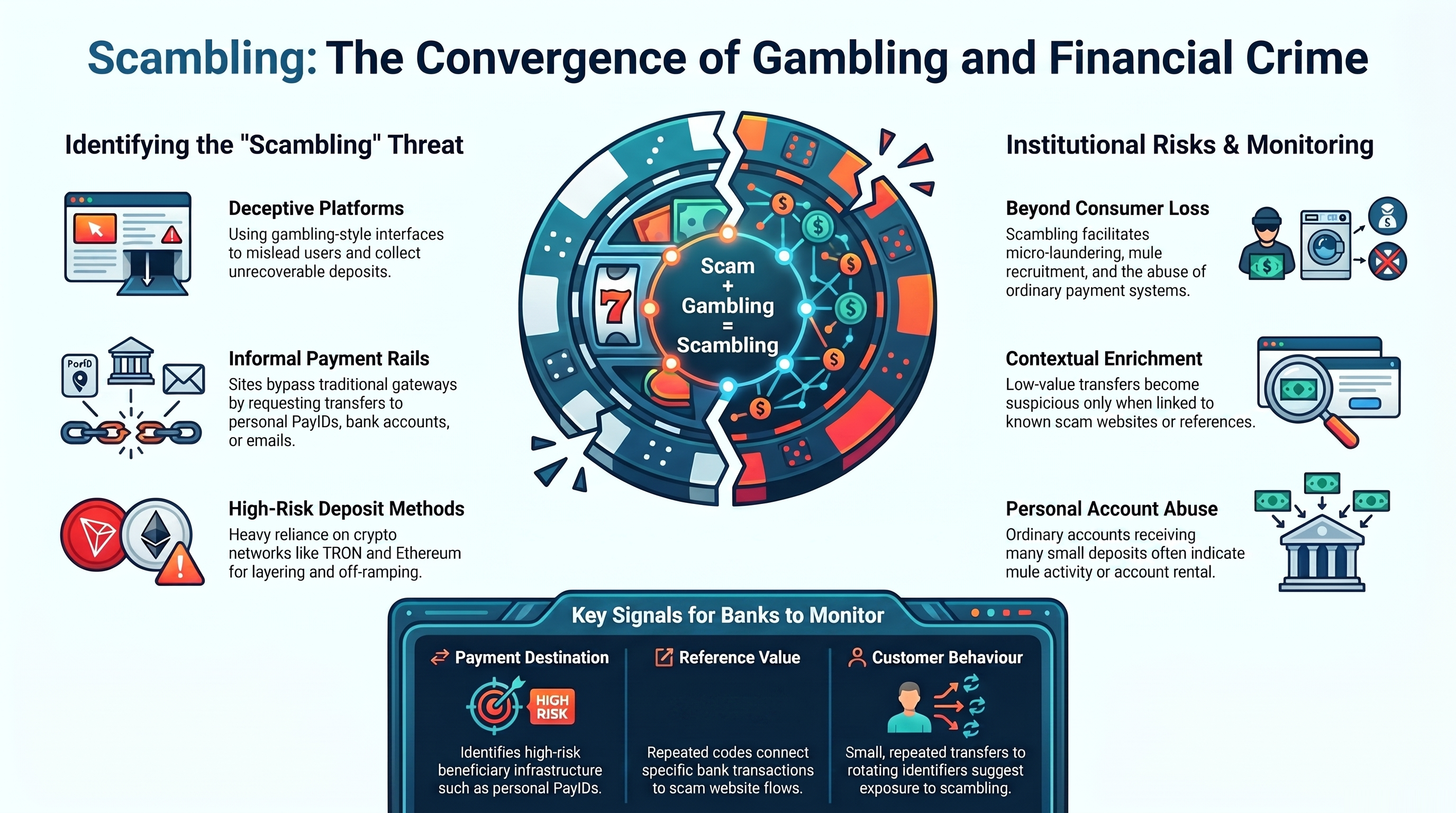 Conceptual illustration showing the overlap between online gambling-style platforms, scam websites, payment abuse, mule activity and micro-laundering risk that defines scambling.