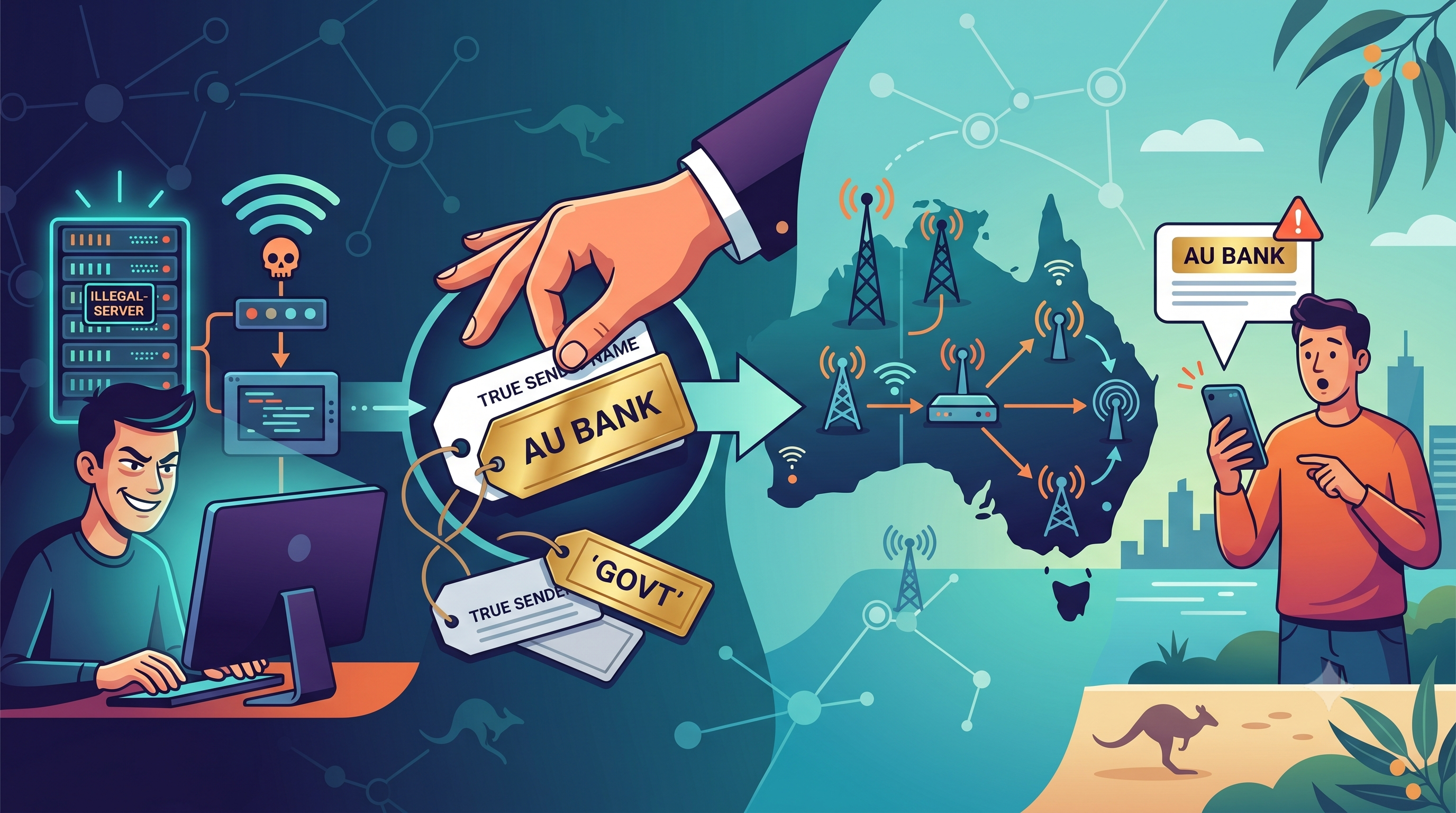 SMS Sender ID spoofing — why fake SMS messages can appear inside real brand conversations and how Australia's Sender ID Register helps reduce brand impersonation scams.