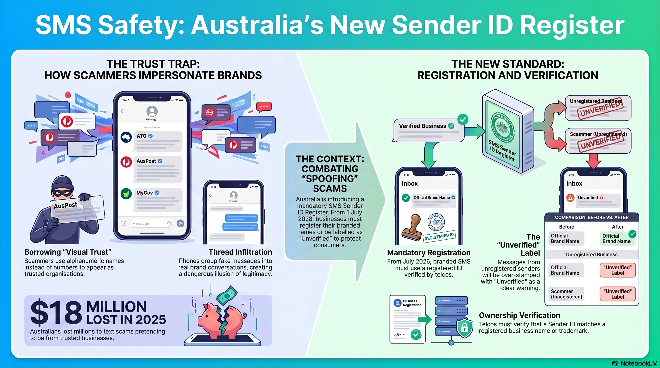 SMS Sender ID spoofing — why fake SMS messages can appear inside real brand conversations and how Australia's Sender ID Register helps reduce brand impersonation scams.