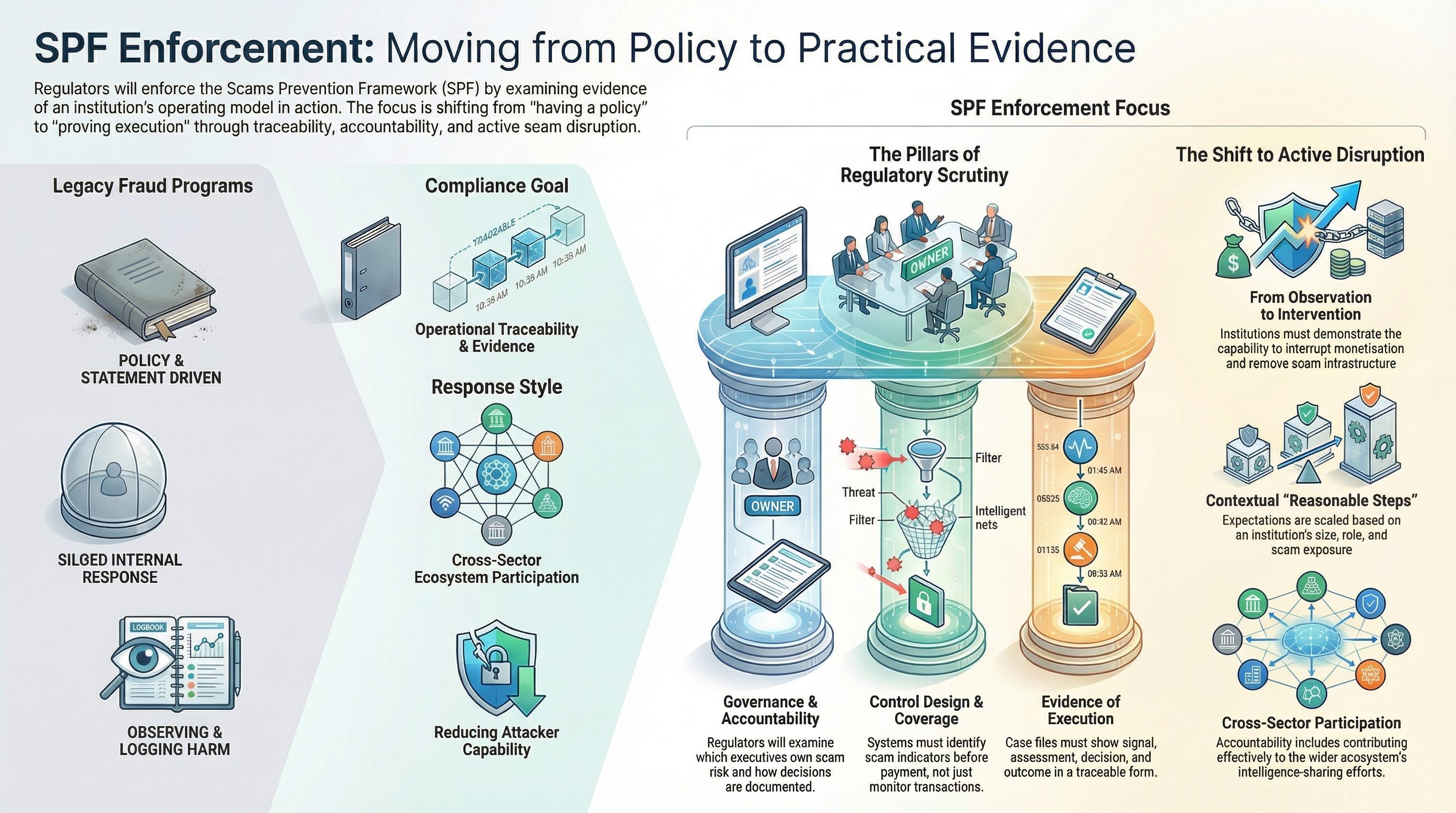 SPF enforcement infographic showing how scam prevention regulation is enforced through operational traceability, governance, evidence of execution, active disruption, contextual reasonable steps, and cross-sector participation.