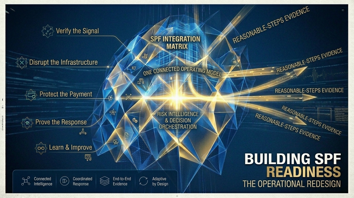 SPF evidence spine infographic showing scam signals, verification, active infrastructure disruption, payment intelligence, bank decisions and complaint evidence connected through one audit trail.
