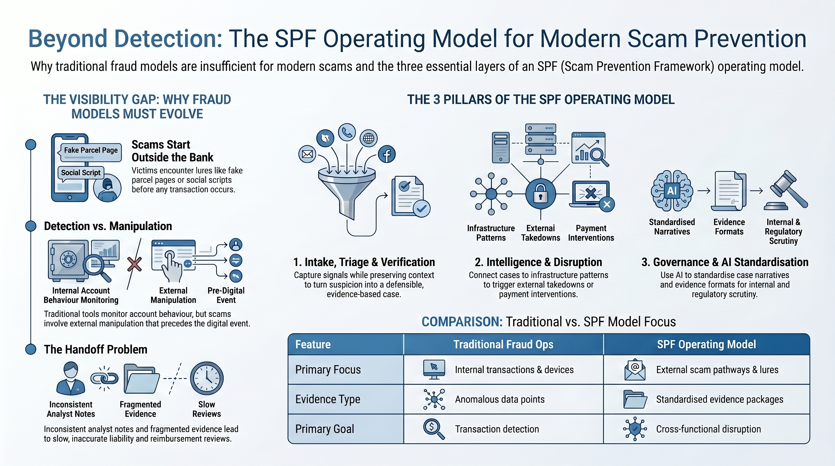 A detailed architectural view of the SPF Scam Prevention Operating Model, emphasizing how structured evidence supports reimbursement analysis, liability review, and governance reporting