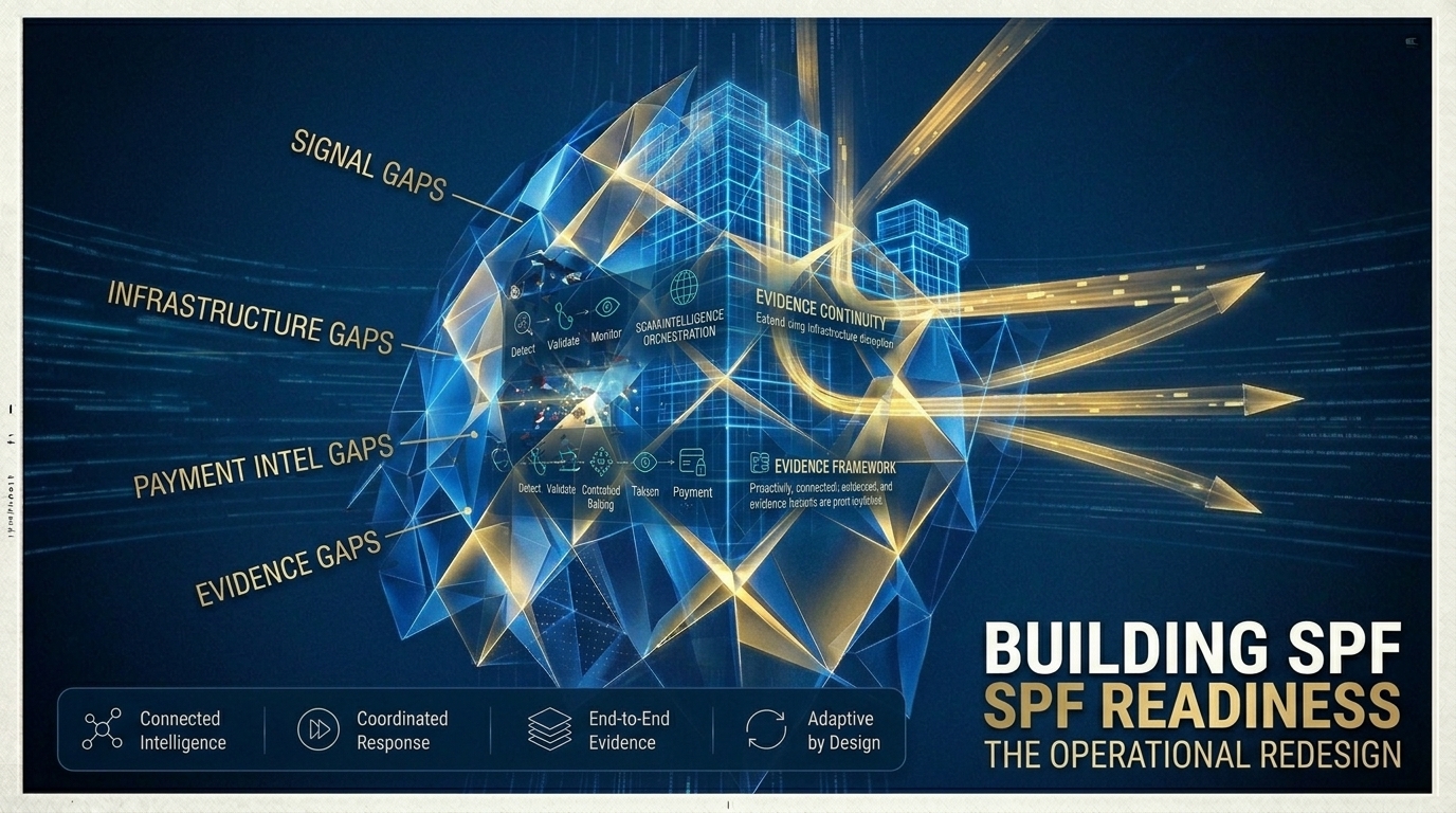 Infographic showing an SPF scam defence operating model connecting scam verification, active infrastructure disruption, payment intelligence and evidence around existing bank controls.