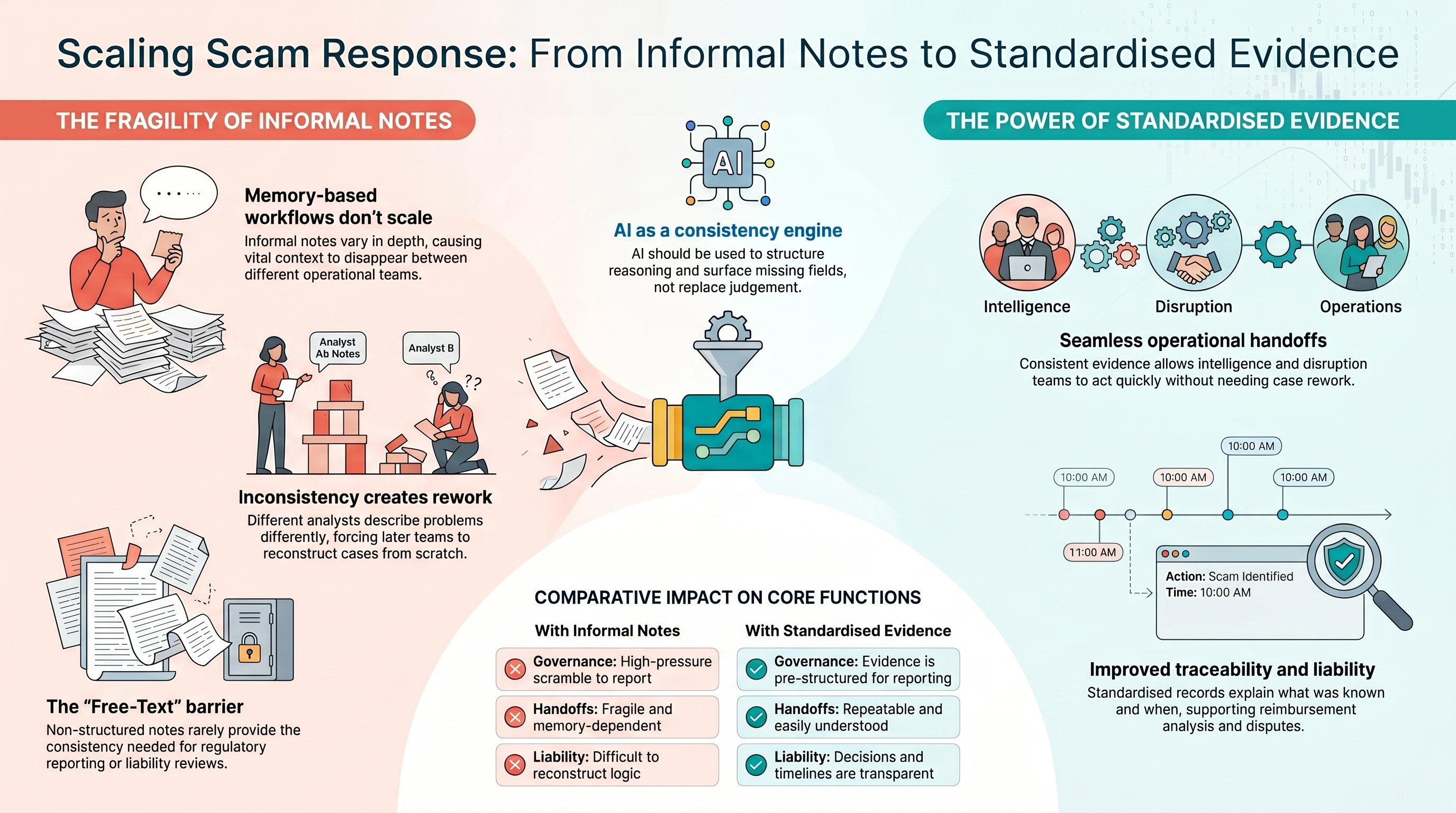 A comparative visual analysis showing the differences in scam response mechanisms and handling capabilities as organizations scale up their fraud operations and implement standardized evidence