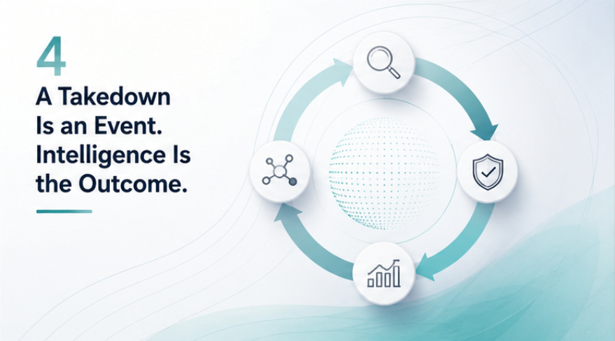 Illustration contrasting a single scam takedown with a connected intelligence outcome that supports future prevention.