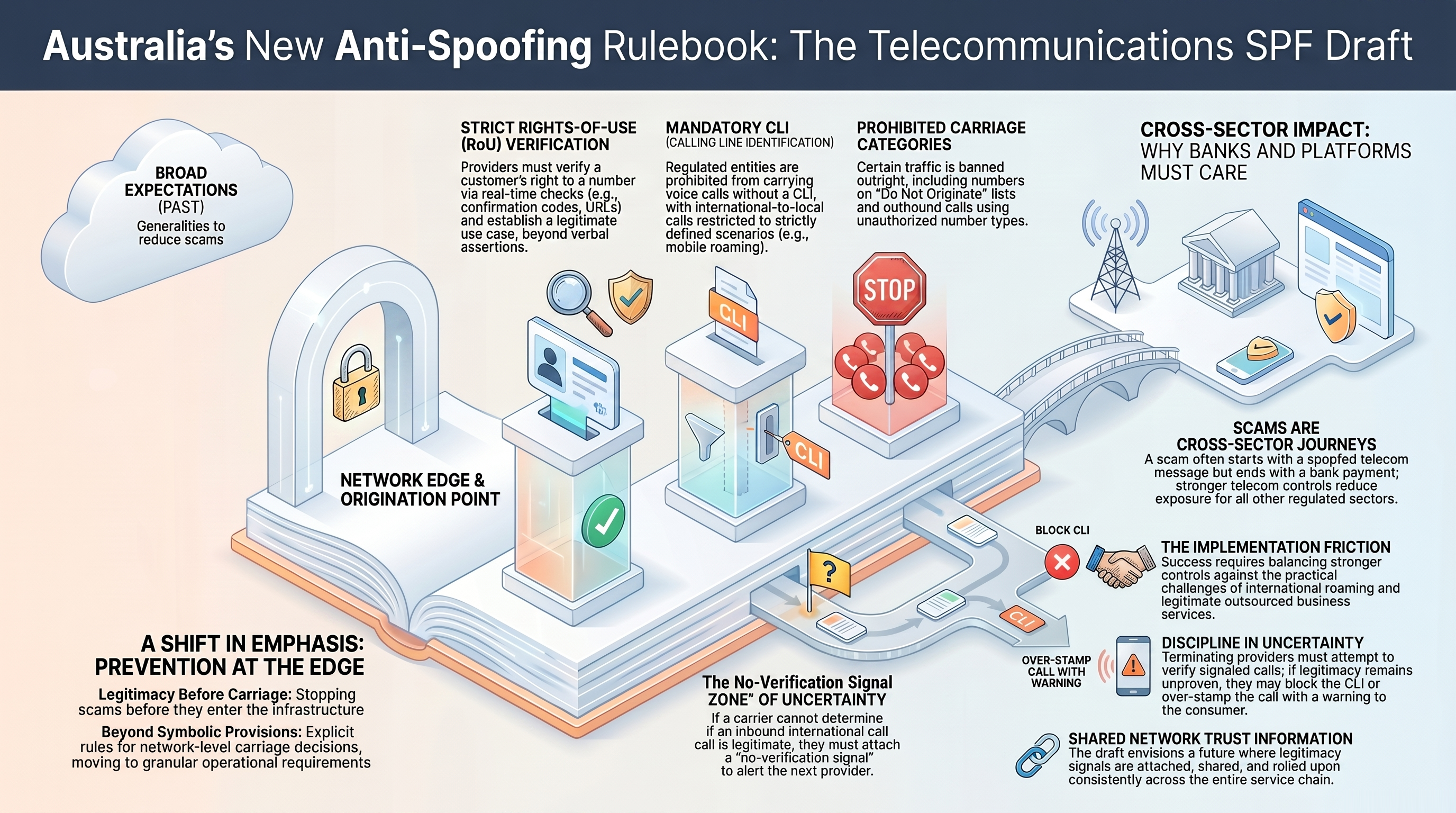 The telecommunications draft code translates anti-spoofing expectations into specific network and carriage obligations.