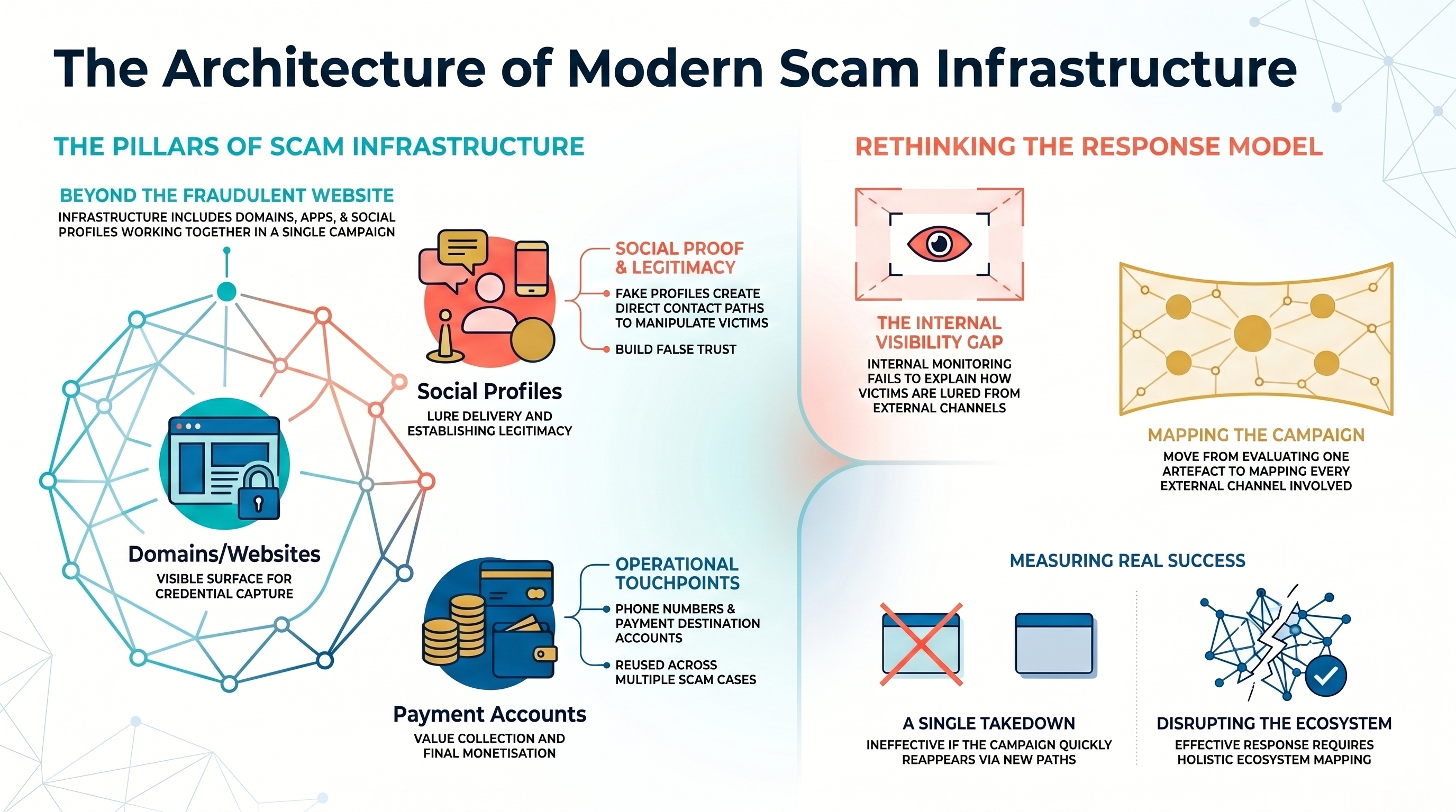 A structural breakdown of the architecture behind modern digital scams, revealing the underlying technical operations, network setups, and connected models used by threat actors