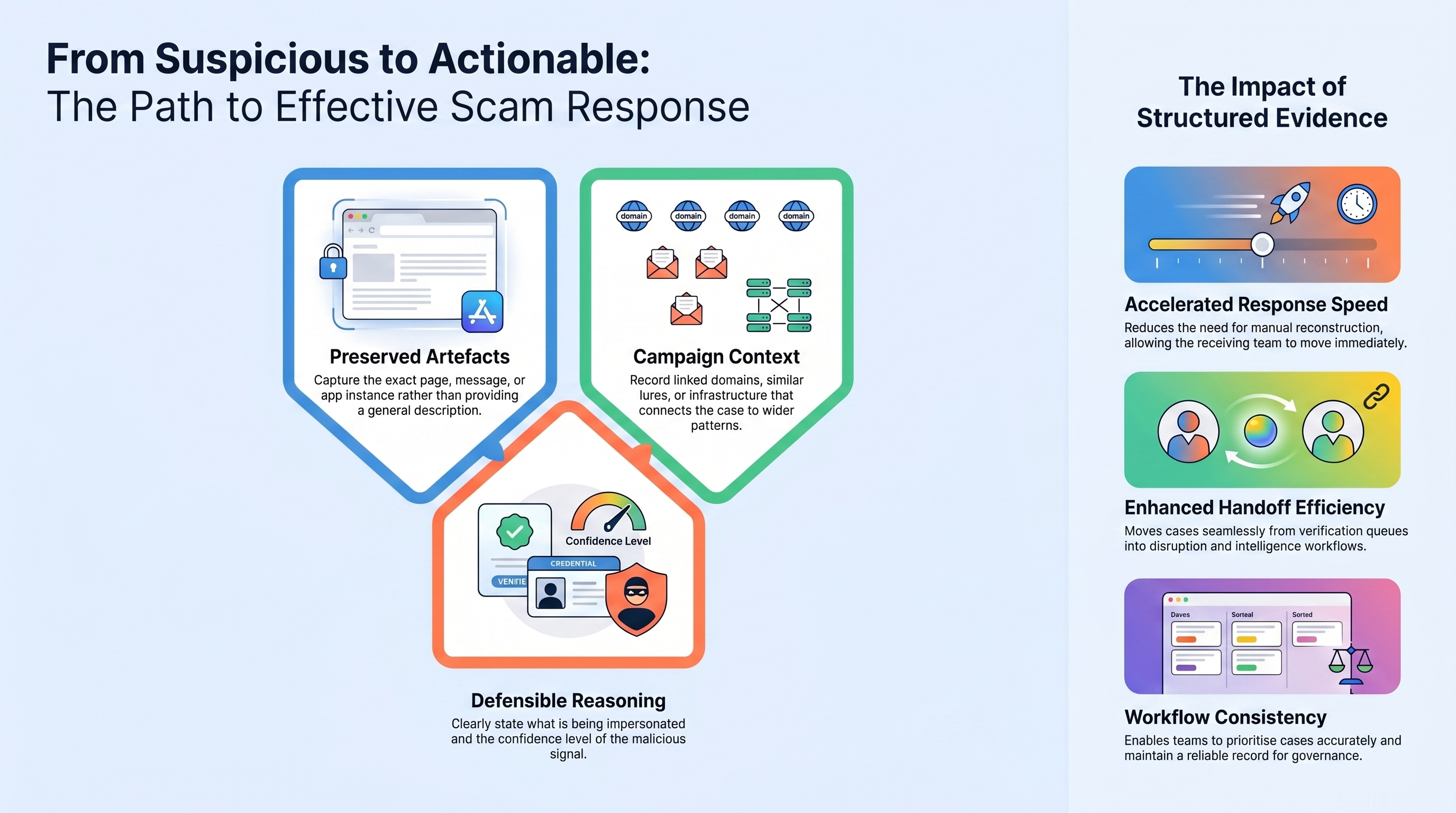 A strategic roadmap defining the path to an effective scam response, highlighting the critical role of capturing core artefacts, reasoning, and timelines to ensure decisions are easy to reconstruct